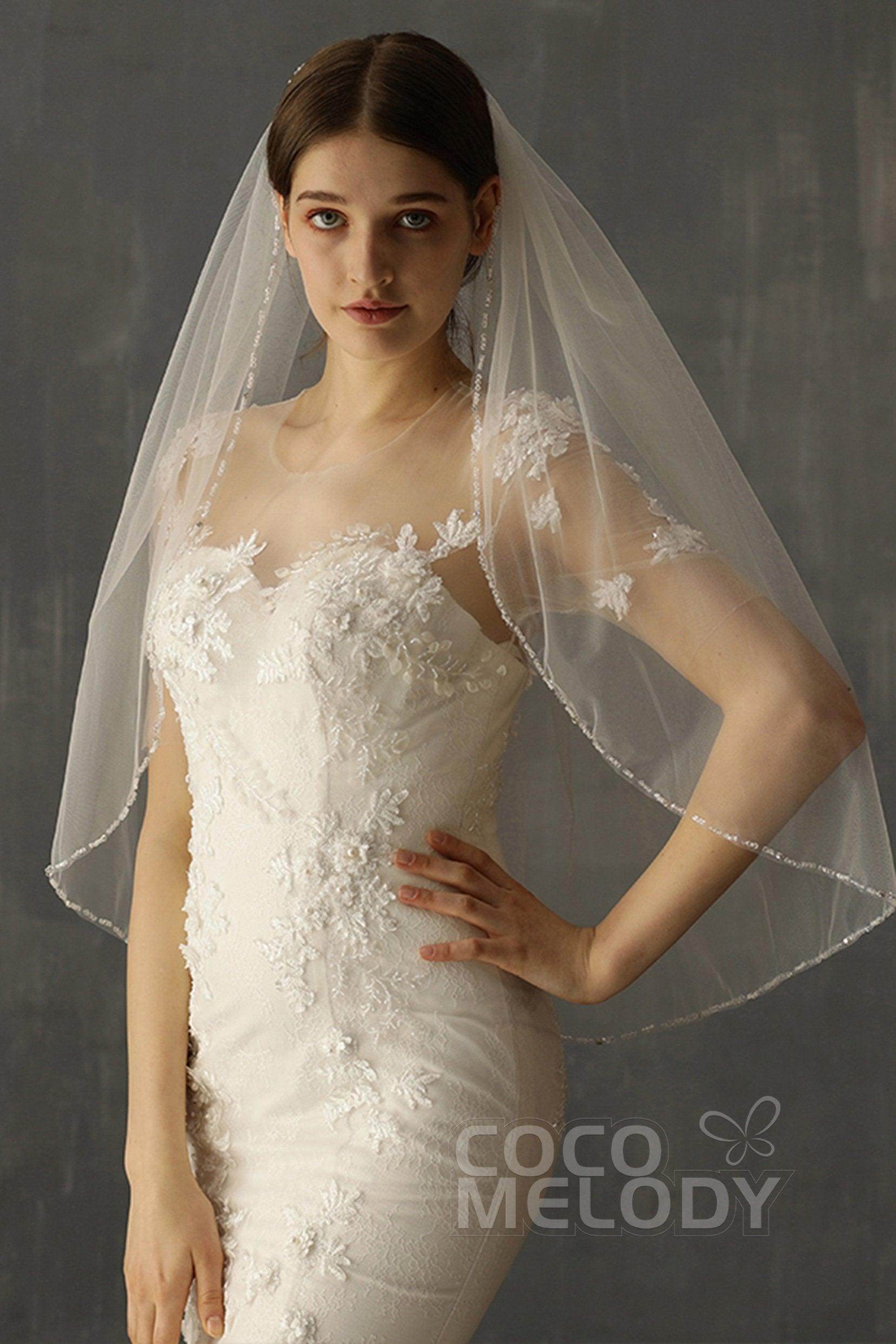 One-tier Beaded Edge Tulle Waist Veils with Beading CV0207 - COCOMELODY